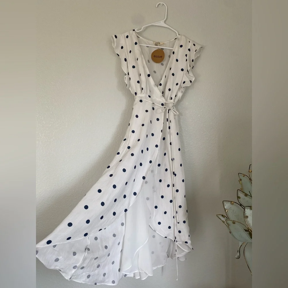 Essue White and Blue Polka Dot Crossover Wrap Dress - Picture 1 of 4